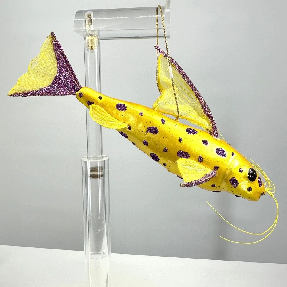 Catfish Ornament Glass Blown Glitter Whiskers‎ Hanging Whimsical Artsy Nautical